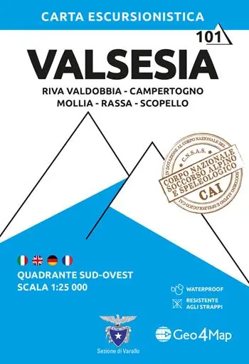 101 Valsesia. Quadrante sud-ovest. Riva Valdobbia, Campertogno, Mollia, Rassa, Scopello 1 25.000. Ediz. multilingue Occasione