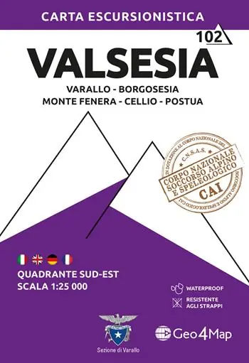 Nuova Collezione 102 Valsesia. Quadrante sud-est. Varallo, Borgosesia, Monte Fenera, Cellio, Postua 1 25.000. Ediz. multilingue